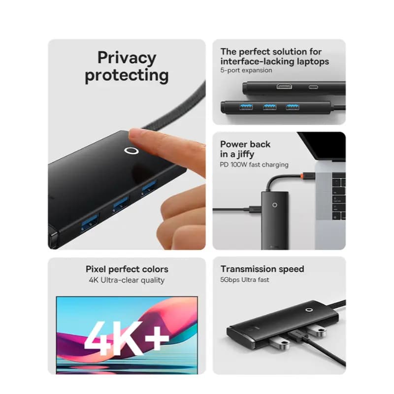 Baseus WKQX040001 Lite Series 5-Port Type-C HUB Docking Station (Type-C to HDMI+USB3.0*3+PD) Black