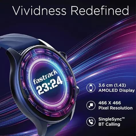 Fastrack 38110PP01 Vivid Pro, 1.43 inch AMOLED Display with 466 x 466 Pixel Resolution, Functional Crown, SingleSync BT Calling, 100+ Sports Modes & Watchfaces, AI Voice Assistant, in-Built Games, Blue Smartwatch