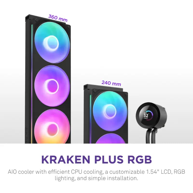 NZXT RL-KR240-B2, Kraken Plus 240 RGB v2, 40mm RGB AIO Liquid Cooler with 1.54" LCD, Black