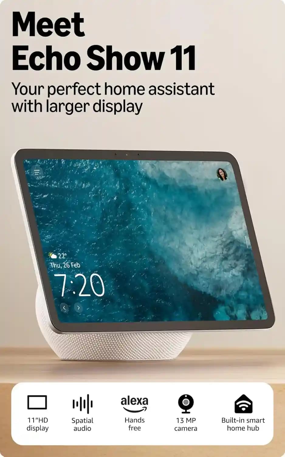 Amazon B0DYBR53TX, Echo Show 11 2025, Glacier White, 10.95 Inch Full HD Smart Display with Alexa