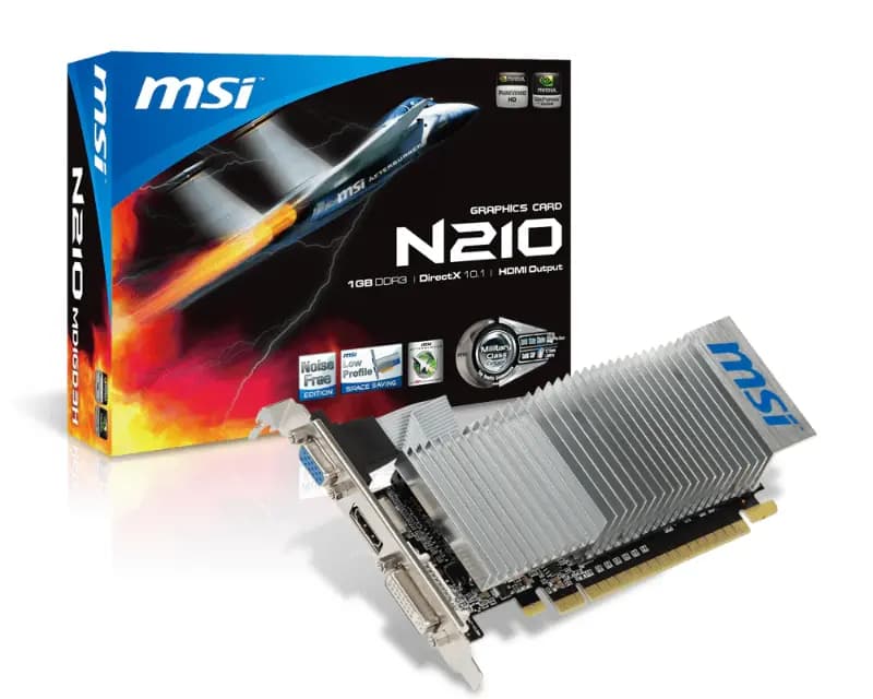 MSI N210-1GD3/LP, NVIDIA GeForce 210 Graphics Card, 1GB DDR3 Memory, PCI Express 2.0 x16, Low Profile, HDMI, DVI-I, VGA
