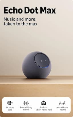 Amazon B0DKLJ1PSF Echo Dot Max 840414617261, Alexa speaker with 3X bass and room-filling sound, hands-free smart home management, Bluetooth, Grey