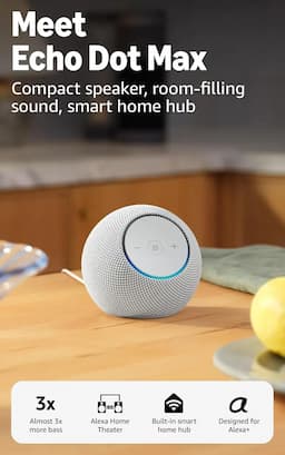 Amazon B0DKLVLPDK Echo Dot Max 840414615243, Alexa speaker with room-filling sound, 3x bass, for Alexa+, Glacier White