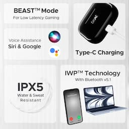boAt 1000000256 Airdopes 161, 40 Hours Playback, 13mm Drivers, IWP & ENx Technology, BEAST Mode, IPX5, Pebble Black, Wireless Earbuds