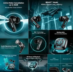 boAt 1000003400 Immortal Airspeed Pro 40ms BEAST Mode, 32dB ANC, 10mm Drivers, Bluetooth 5.3 - Black Sabre Gaming Earbuds