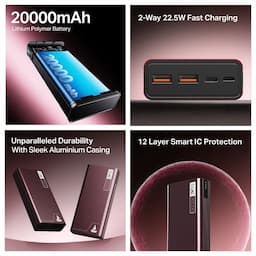 boAt 1000003192 Energyshroom PB400 20000mAh, 22.5W Fast Charging, 12-Layer Smart IC Protection - Burgundy Power Bank