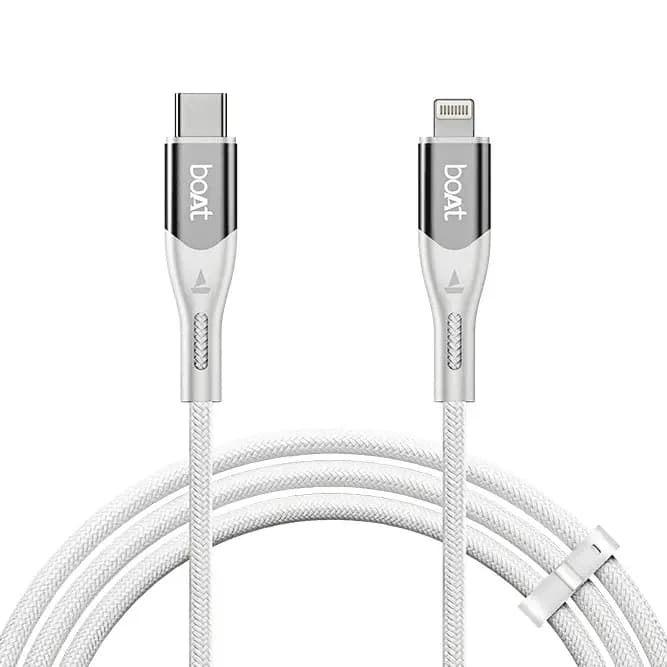 boAt 1000004526 Type C to L 27W, 480Mbps Data Sync, Nylon Braided, 1.2m - Arctic White Charging Cable