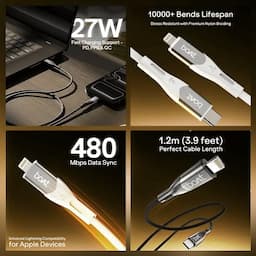 boAt 1000004526 Type C to L 27W, 480Mbps Data Sync, Nylon Braided, 1.2m - Arctic White Charging Cable