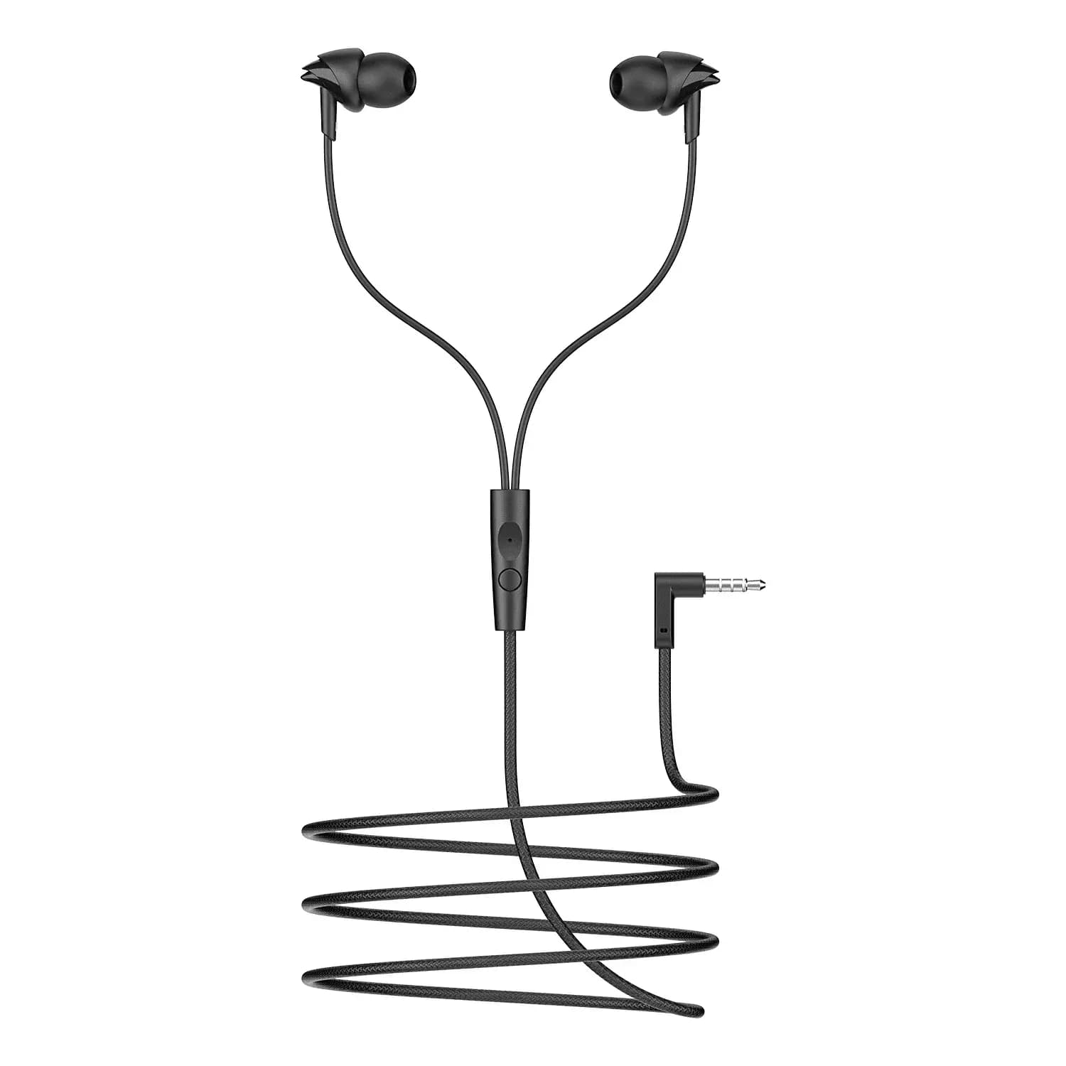 boAt 1000003937 Bassheads 213L 10mm Drivers, L-Shaped Connector, Braided Cable, In-Line Mic - Active Black Wired Earphones